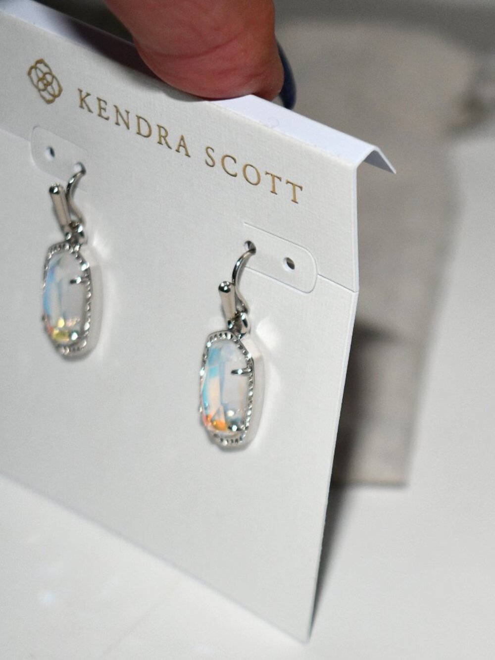 Kendra Scott Silver Drop Earrings Iridescent Color Shift Stone NWT